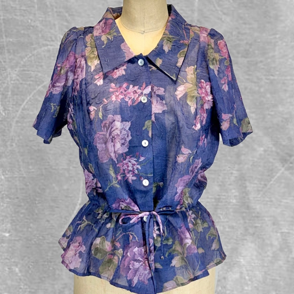 VINTAGE 90s violet purple sheer blouse button down peplum ruffle tie waist XL